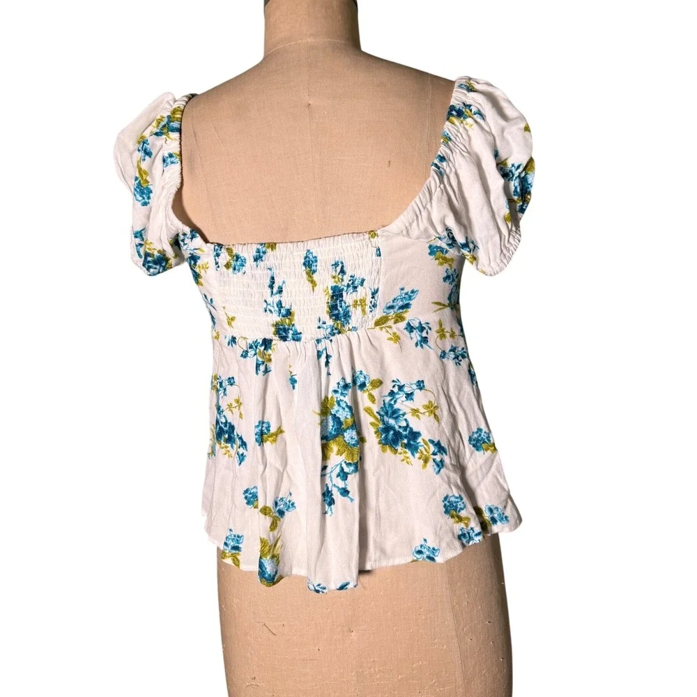 Free People Close To You Blouse Ivory Combo Floral Puff Sleeve New M